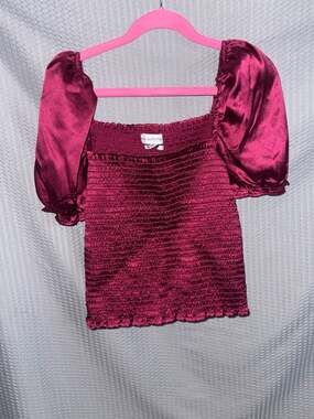Urban Outfitters Satin Smocked Puff Sleeve Crop Top Magenta
